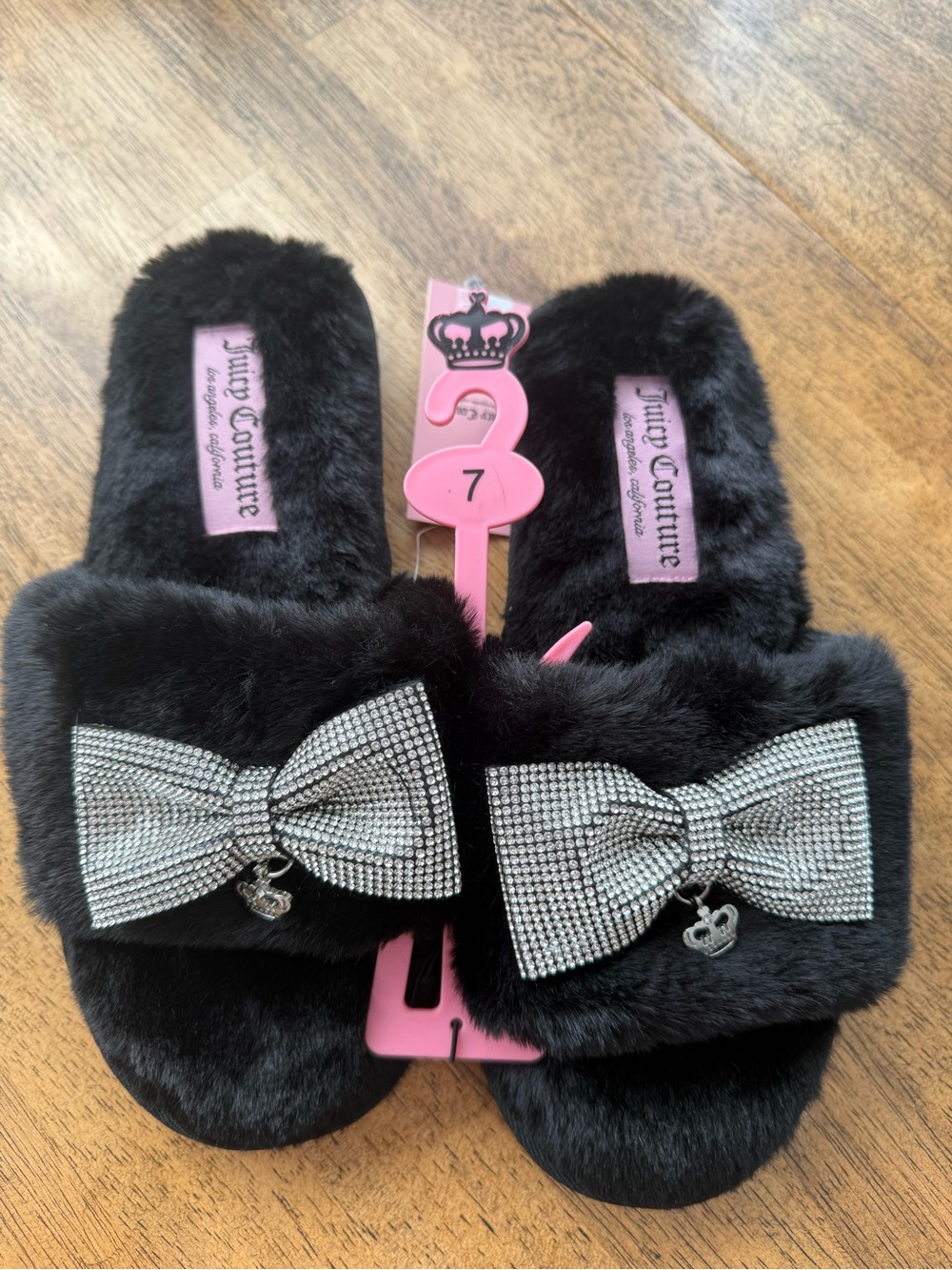 Juicy Couture Black Faux Fur Slide Slippers with Rhinestone Bow Accents